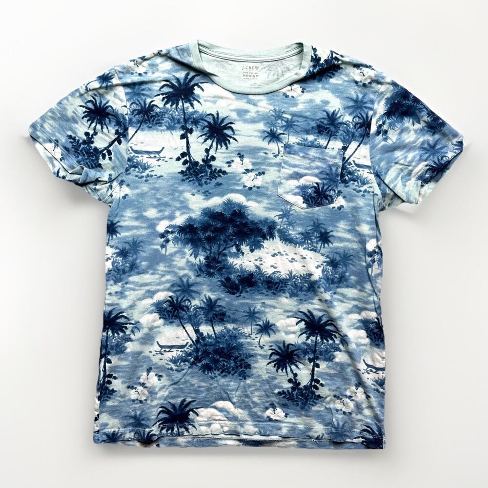 J. Crew Pocket Tee Shirt Mens Size Medium Tropical Palm Tree Blue Crewneck